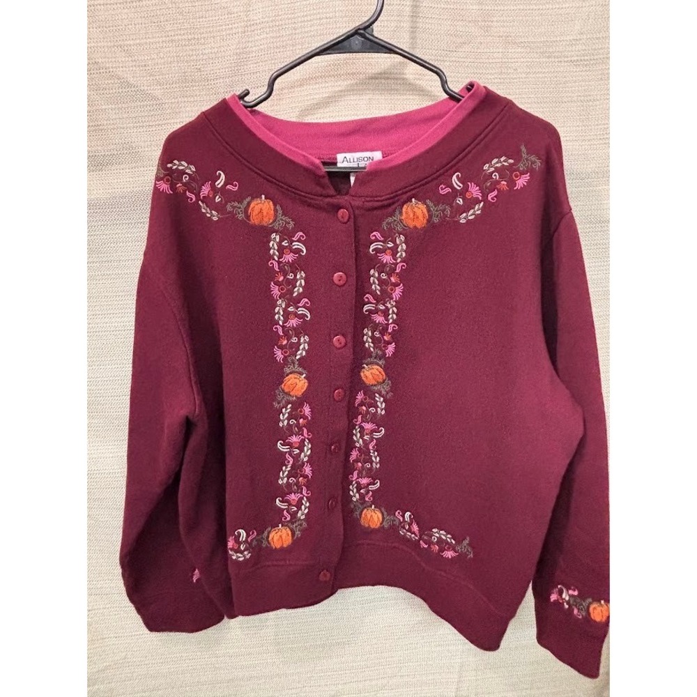 Allison Lane Burgundy Pumpkin Embroidered Cardigan Sweatshirt Womens 1X Fall